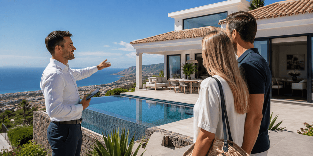 Tenerife estate agent showing a luxury villa with swimming pool and sea views to prospective buyers.