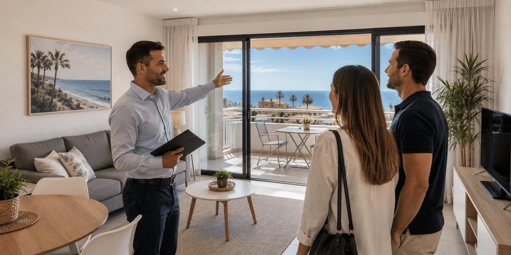 Tenerife estate agent showing a modern apartment with balcony and sea views to prospective buyers.