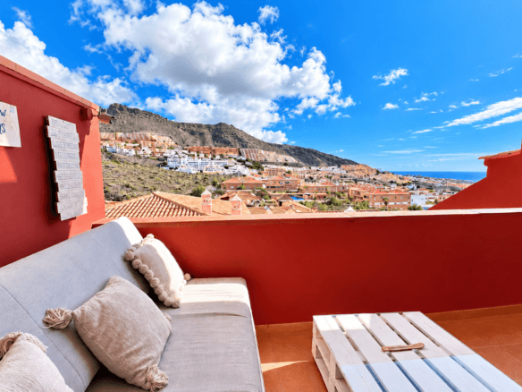 Sunny balcony terrace with mountain and partial sea views in Costa Adeje, Tenerife