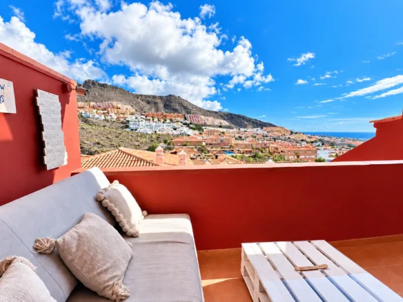 Sunny balcony terrace with mountain and partial sea views in Costa Adeje, Tenerife