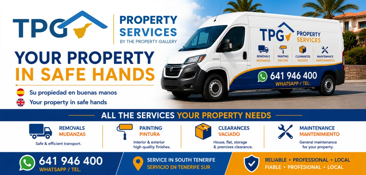 TPG Property Services banner in Tenerife advertising removals, painting, clearances and property maintenance, featuring a branded service van and contact number 641 946 400.