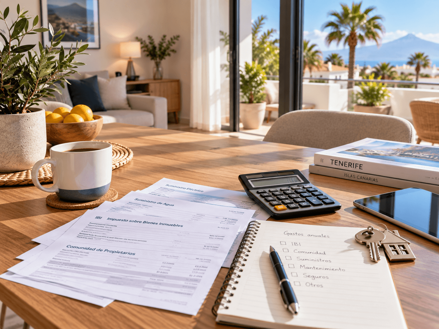 Cost of owning property in Tenerife with bills, calculator and home interior.