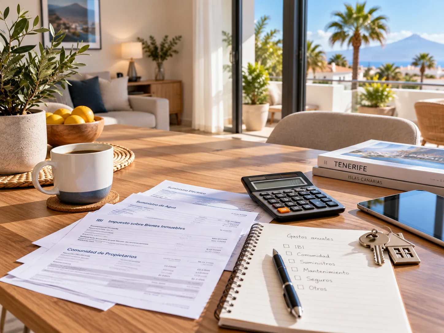 Cost of owning property in Tenerife with bills, calculator and home interior.