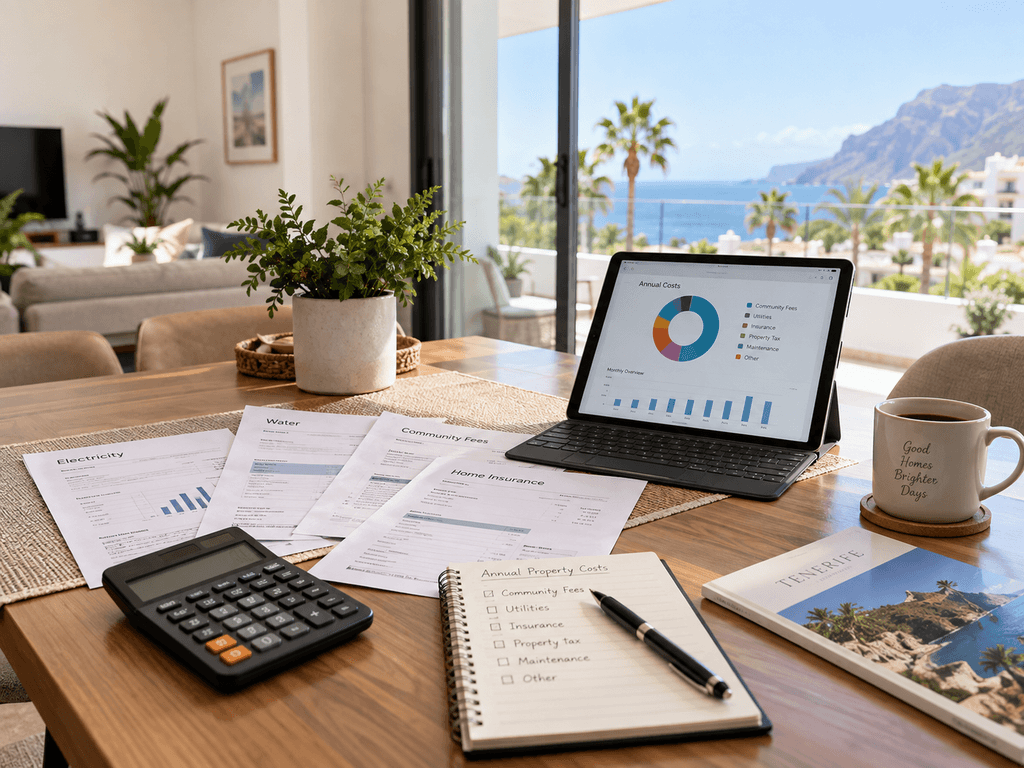 Workspace showing bills, a calculator and a tablet used to budget the cost of owning property in Tenerife