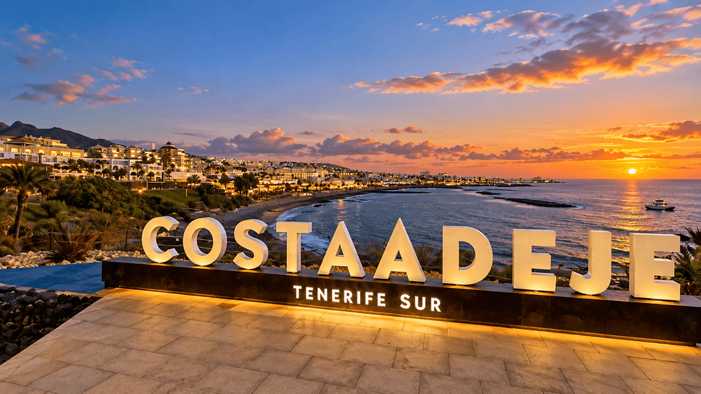 Costa Adeje sign overlooking the coastline in south Tenerife
