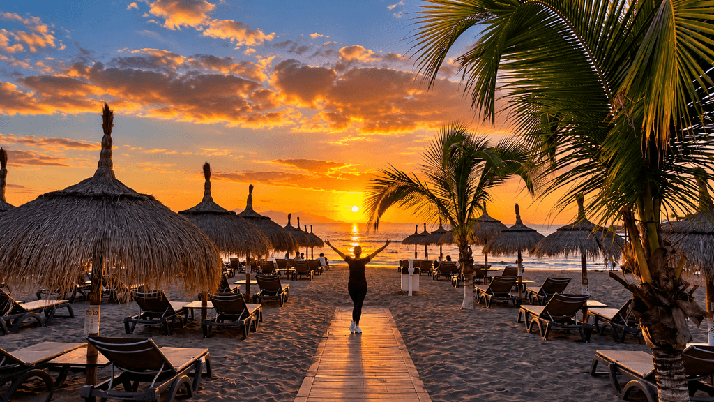 Sunset at Playa de Fañabé in Costa Adeje with palm trees, beach umbrellas and the Atlantic Ocean