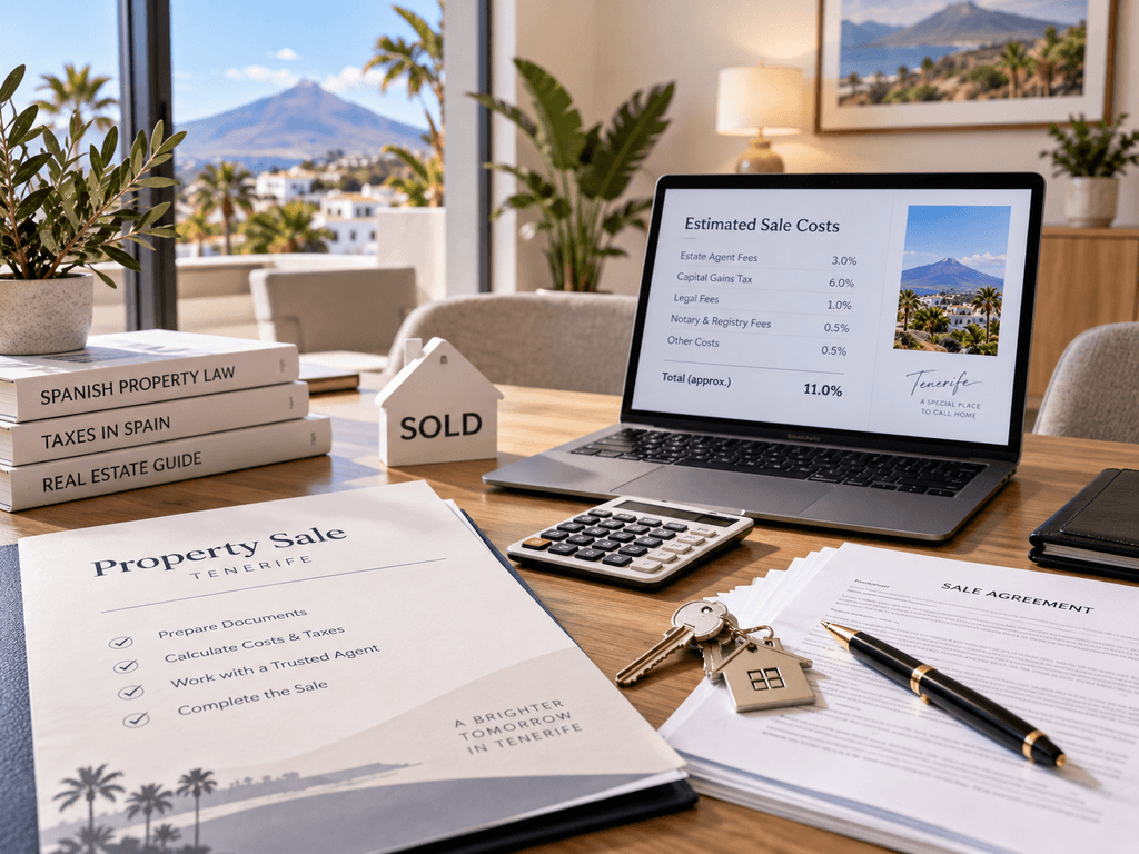 Selling property in Tenerife with sale documents, keys and a modern home interior