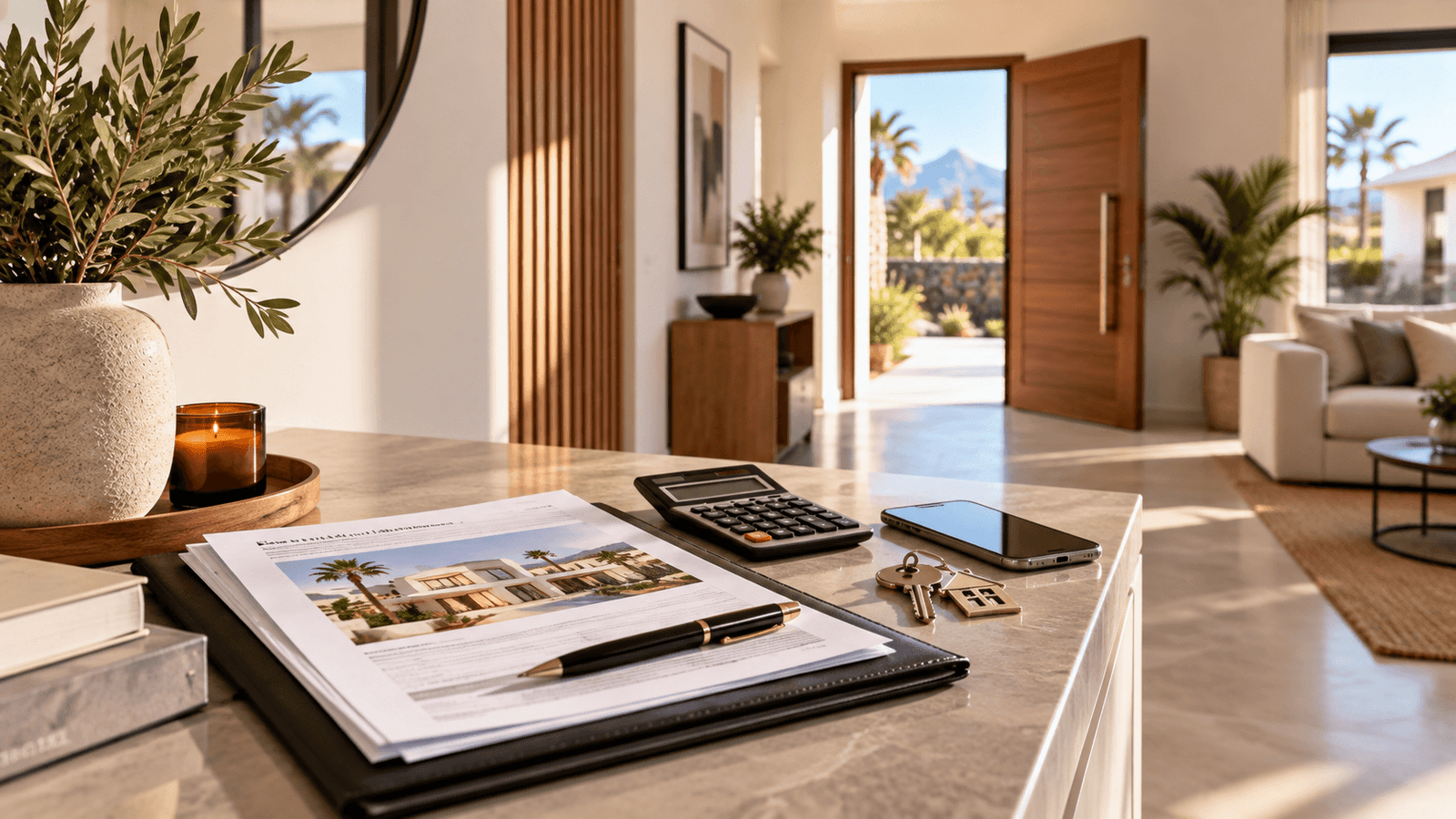Selling property in Tenerife with sale documents, keys and a modern home interior