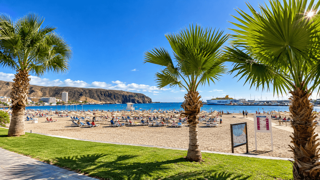 Los Cristianos area guide view of the beach and palm trees in Tenerife