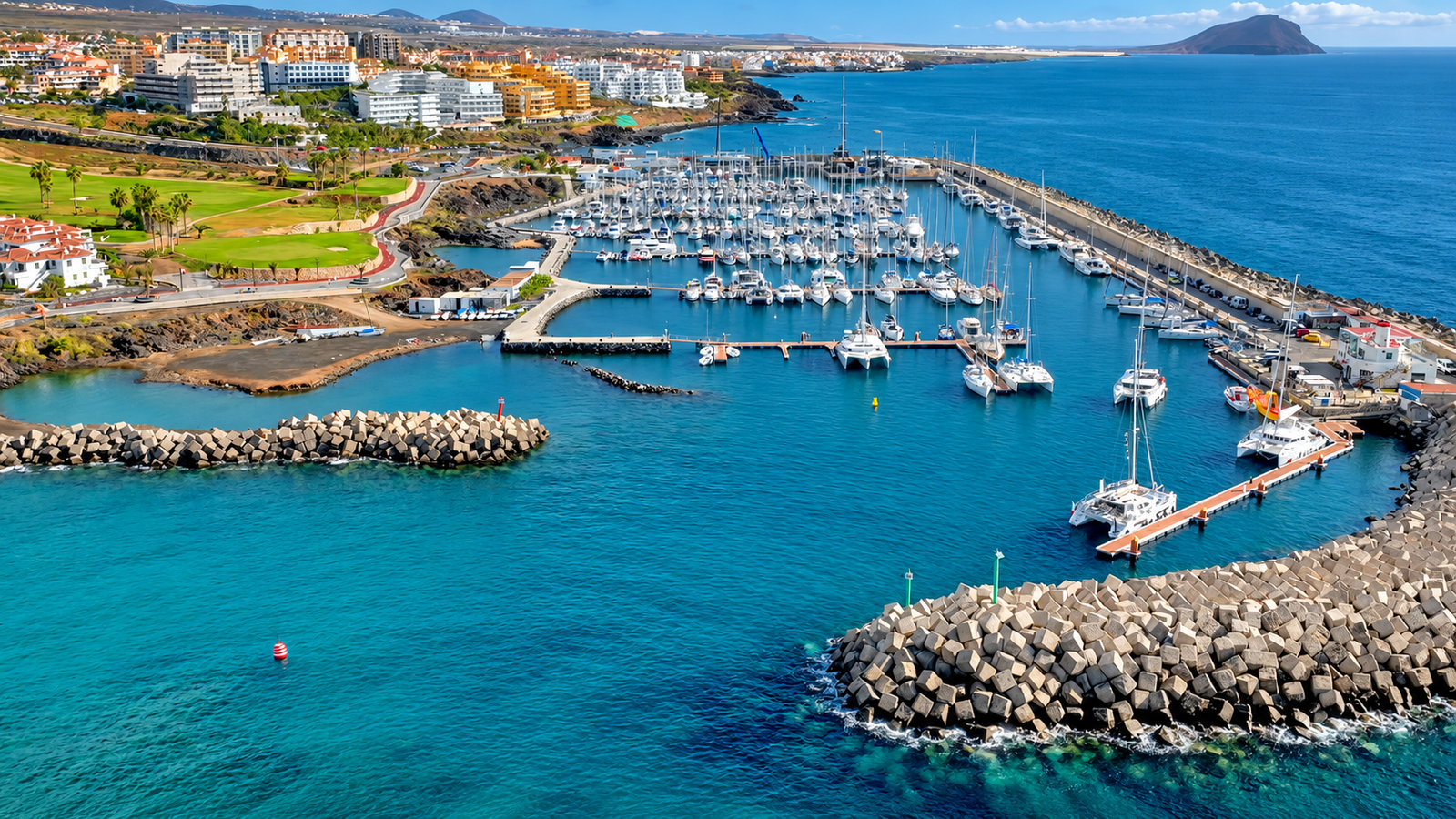 Aerial view of Amarilla Golf marina and coastline in Tenerife